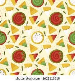 Mexican nacho vintage seamless pattern. Traditional snack with sauce in a flat style. Mexico delicious meal.