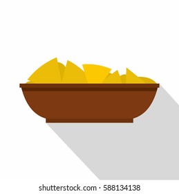 Mexican nachos in brown bowl icon. Flat illustration of Mexican nachos in brown bowl vector icon for web isolated on white background
