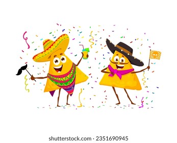 Mexican nachos chips characters on holiday party. Birthday holiday congratulating, party celebration cartoon vector comical personages, Mexican fast food cute nachos snack in sombrero hat and poncho