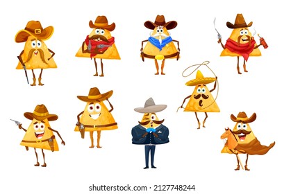 Mexican Nachos Chips As Cowboy Charro, Sheriff And Bandit Or Ranger Characters, Vector Cartoon Personages. Mexican Food Personages, Funny Cute Nachos In Sombrero Hat With Lasso, Guns And Horse