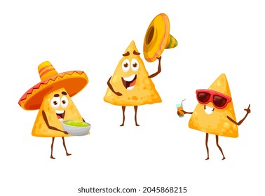 Mexican nachos chips on leisure fiesta in sombreros, vector Mexico cartoon food characters. Nachos chips on summer vacations in sombreros with guacamole, drinking cocktail, traditional Mexican party