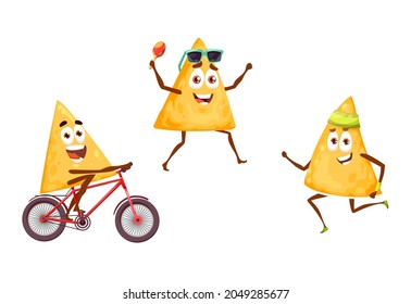 Mexican nachos chips on sports and leisure fiesta, vector cartoon food characters. Nachos chips with maracas in sunglasses on bicycle, jogging or fitness run and party celebration, Mexico holiday