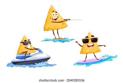 Mexican nachos chips riding on jet ski and wakeboard, surfing on wave. Happy tex mex cartoon characters water fun and recreation. Vector funny chips pieces wearing sunglasses extreme sport activity