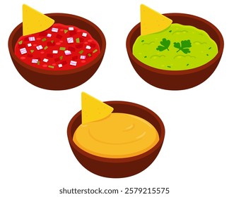 Mexican nachos and dip bowls cartoon drawing set. Tomato salsa, guacamole and cheese sauce. Isolated vector clip art illustration.