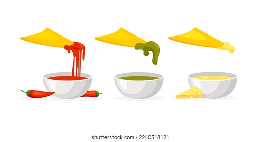 Mexican nachos with guacamole, cheese and hot chili pepper sauces. Nacho chips. Vector illustration in trendy flat style isolated on white background.