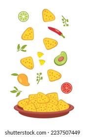 Mexican nachos and ingredients for the sauce fall into the plate. Perfect for tee, poster, menu and print. Vector illustration for decor and design. 



