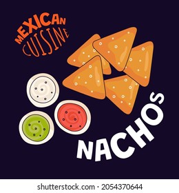 Mexican nachos poster. Mexico fast food eatery, cafe or restaurant advertising banner. Latin american cuisine nacho flyer. Traditional snack and guacamole, salsa, cheese sauce vector eps illustration