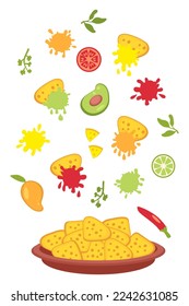 Mexican nachos, sauce splashes and ingredients fall into the plate. Perfect for tee, poster, menu and print. Vector illustration for decor and design. 
