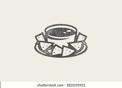 Mexican nachos silhouette into bowl with sauce for fast food hand drawn stamp effect vector illustration. Grunge texture symbol for package and fast food restaurant menu design or label decoration