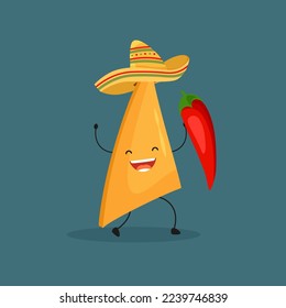 Mexican nachos in sombreros with chili cute character. Latin american cartoon food concept. Vector illustration in trendy flat style isolated on dark background.
