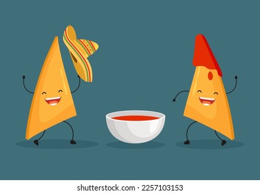 Mexican nachos in sombreros with chili sauce. Cute character. Latin american cartoon food concept. Vector illustration in trendy flat style isolated on dark background.