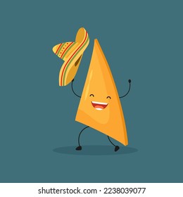 Mexican nachos in sombreros cute character. Latin american cartoon food concept. Vector illustration in trendy flat style isolated on dark background.