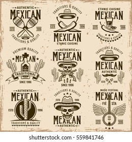 Mexican national attributes and authentic signs, set of vector brown emblems, labels, badges and logos in vintage style on dirty background with stains and grunge textures