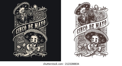 Mexican national celebration monochrome vintage label with skeleton in charro outfit playing trumpet, cheerful chili pepper with mustache playing guitar, Cinco de Mayo inscription, vector illustration