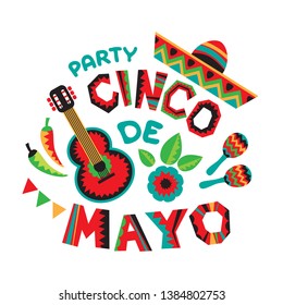 Mexican national characters: guitar, sombrero, red chili peppers and maracas. Cinco De Mayo symbols. Design elements for holiday poster, flyer or leaflets.