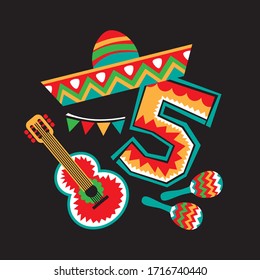 Mexican national characters: guitar, sombrero and maracas. Cinco De Mayo symbols. Vector illustration. Design elements for holiday poster, flyer, leaflet, booklet.