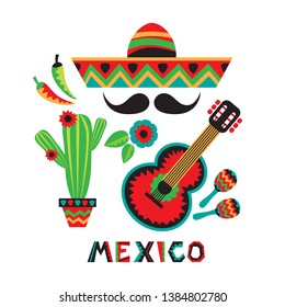 Mexican national characters: moustache, sombrero,guitar, cactus and maracas. Cinco De Mayo symbols. Design elements for holiday poster, flyer or leaflets.