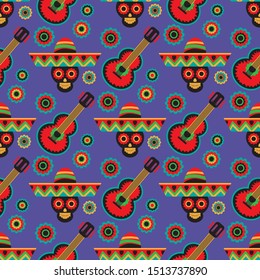 Mexican national characters: skull, guitar and flowers. Seamless pattern for wallpaper, banner, wrapping paper or fabric. Vector illustration for Cinco De Mayo or Day of the Dead.