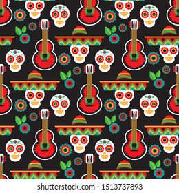 Mexican national characters: skull, guitar, sombrero and flowers. Seamless pattern for wallpaper, banner, wrapping paper or fabric. Vector illustration for Cinco De Mayo or Day of the Dead.
