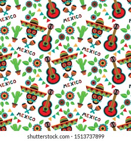 Mexican national characters: skull, sombrero, maracas and flowers. Seamless pattern for wallpaper, banner, wrapping paper or fabric. Vector illustration for Cinco De Mayo or Day of the Dead.