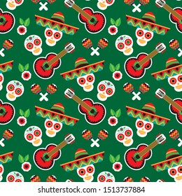 Mexican national characters: skulls  guitar   flowers  Seamless pattern for wallpaper  banner  wrapping paper fabric  Vector illustration for Cinco De Mayo Day the Dead 