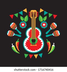 Mexican national characters:  sombrero, guitar and maracas. Cinco De Mayo symbols. Vector illustration. Design elements for holiday poster, flyer, leaflet, booklet.