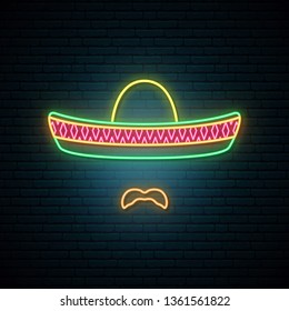 Mexican in national colorful sombrero and with mustache. Bright neon style. Cinco De Mayo banner.