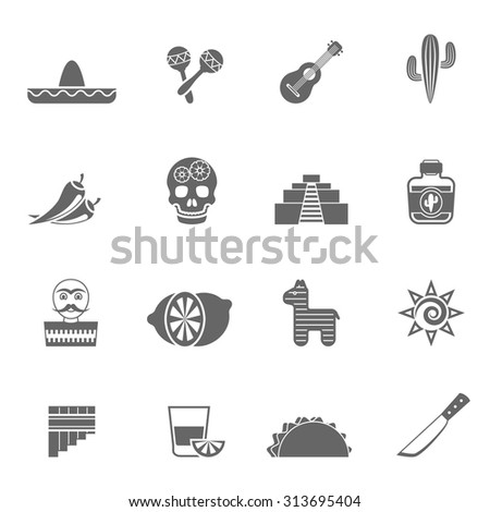 Mexican national culture symbols black icons set with sombrero lemon cocktail and cactus abstract isolated vector illustration