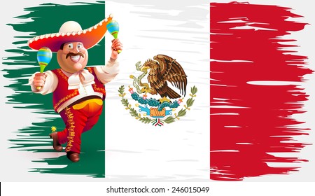 Mexican in national dress dancing on the background of the flag of Mexico. Smiling man with maracas and sombrero grunge, paint, ink, color. Image. Vector. Icon. 