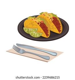 Mexican national food. Tacos. Corn or wheat tortilla with stuffing - beef, pork, chicken, seafood, chorizo, overcooked beans, vegetables, stewed pulp Mexican cactus.