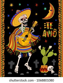 Mexican National Holiday card. Day of the Dead. Mexican skeleton print design