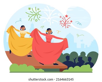 Mexican national holidays. Mexican people wearing traditional clothes. Mexico dancers on a Cinco De Mayo, El Dia de Muertos festival. Latin America folk performance. Flat vector illustration