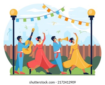 Mexican national holidays. Mexican people wearing traditional clothes. Mexico dancers on a Cinco De Mayo, El Dia de Muertos festival. Latin America folk performance. Flat vector illustration