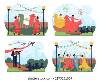 Mexican national holidays set. Mexican people wearing traditional clothes. Mexico dancers on a Cinco De Mayo, El Dia de Muertos festival. Latin America folk performance. Flat vector illustration