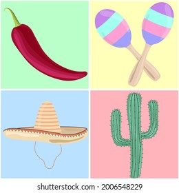 Mexican national items on a background in pastel colors