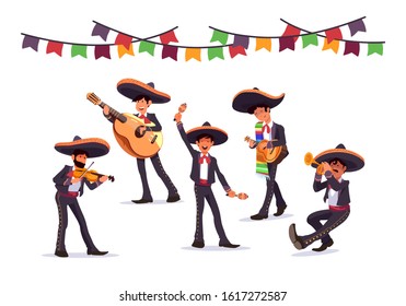 Mexican national musicians - mariachi, isolated on white background. Music band wearing mexican costumes, sombrero, with guitar and maracas, trumpet and violin. Vector illustration flat cartoon style.