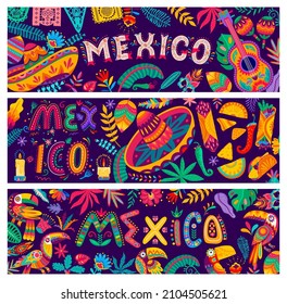 Mexican national sombrero and food, toucan, flowers, guitar and papel picado flags. Vector banners with ethnic Mexican ornament background of flowers, leaves, birds and jalapeno pepper