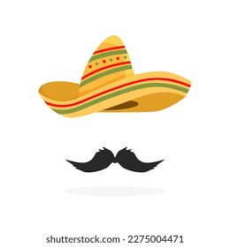 Mexican national sombrero hat and mustache. Cinco de Mayo festival holiday celebration. Cartoon tradition headwear. Vector illustration in trendy flat style.