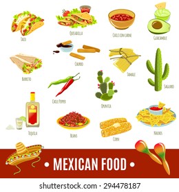 Mexican National Tradition Food Drink And Features Bright Color Flat Icon Set Isolated Vector Illustration