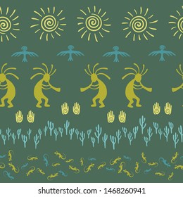 Mexican native american vector ethnic tribal motifs seamless pattern. Mythical design with trickster god, swirl icons on human palm, sun, eagle. Mexican myth elements graphics.