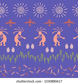 Mexican native american vector ethnic tribal motifs seamless pattern. Traditional design with gecko, Kokopelli fertility god, sun, bird, cacti. Mexican fashionable print pattern.