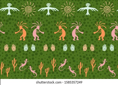 Mexican native american vector ethnic tribal motifs seamless pattern. Folk design with dancing god music spirit, wild nature, spiral signs. Mexican creative batik pattern.