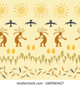 Mexican native american vector ethnic tribal motifs seamless pattern. Folk design with trickster god, swirl icons on human palm, sun, eagle. Mexican desert wildlife pattern.