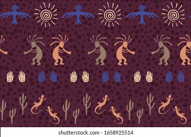 Mexican native american vector ethnic tribal motifs seamless pattern. Traditional design with lizard, Kokopelli fertility deity, sun, eagle, cacti. Mexican creative batik pattern.