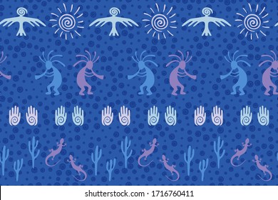 Mexican native american vector ethnic tribal motifs seamless pattern. Traditional design with dancing god music spirit, wild nature, spiral signs. Mexican signs cute pattern.