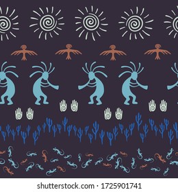 Mexican native american vector ethnic tribal motifs seamless pattern. Mythical design with gecko, Kokopelli fertility god, sun, bird, cacti. Mexican signs cute pattern.