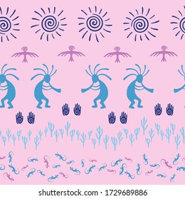 Mexican native american vector ethnic tribal motifs seamless pattern. Folk design with dancing god music spirit, wild nature, spiral signs. Mexican signs cute pattern.
