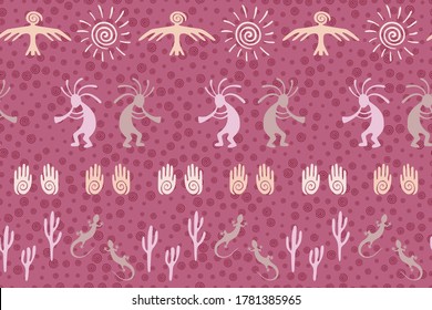 Mexican native american vector ethnic tribal motifs seamless pattern. Folk design with lizard, Kokopelli fertility deity, sun, eagle, cacti. Mexican character illustration.