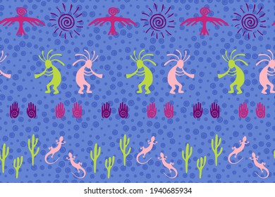 Mexican native american vector ethnic tribal motifs seamless pattern. Traditional design with lizard, Kokopelli fertility deity, sun, eagle, cacti. Mexican art abstract pattern.