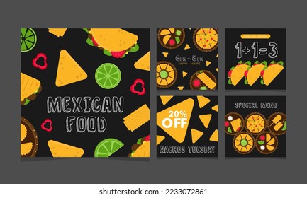 Mexican native food snacks and drinks. Square banners - vector illustration. Collection of square layouts for social networks. Promo of restaurant